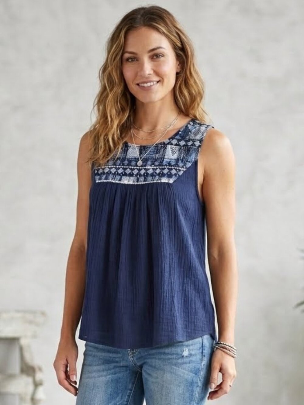 Lucky Brand | Embroidered Yoke Tank Top Linen Blend Tribal Boho Chic Festival 2X